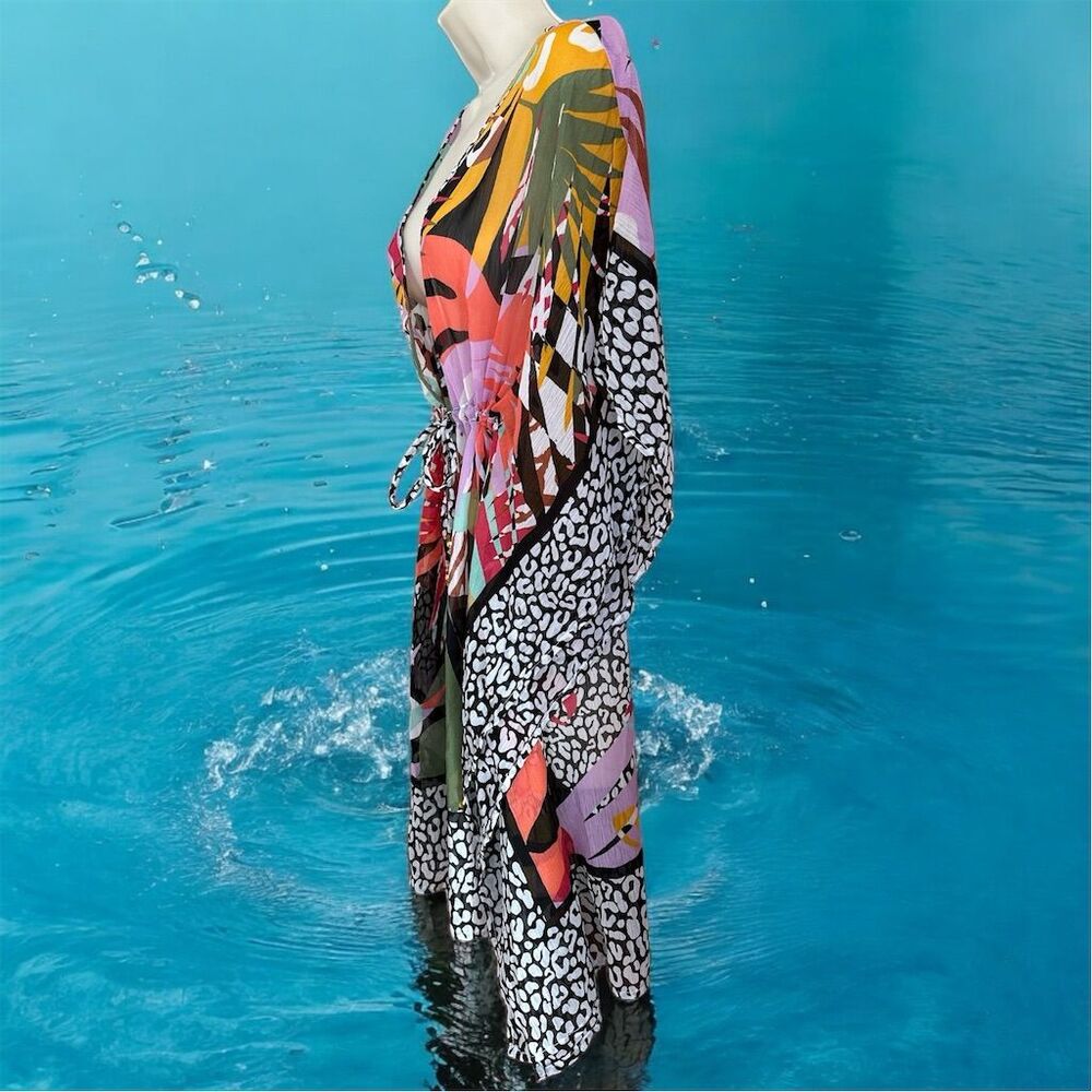 BLEU Rod Beattie Island Life Women's Tropical Chiffon Caftan Cover-Up Waist Tie - Picture 3 of 7
